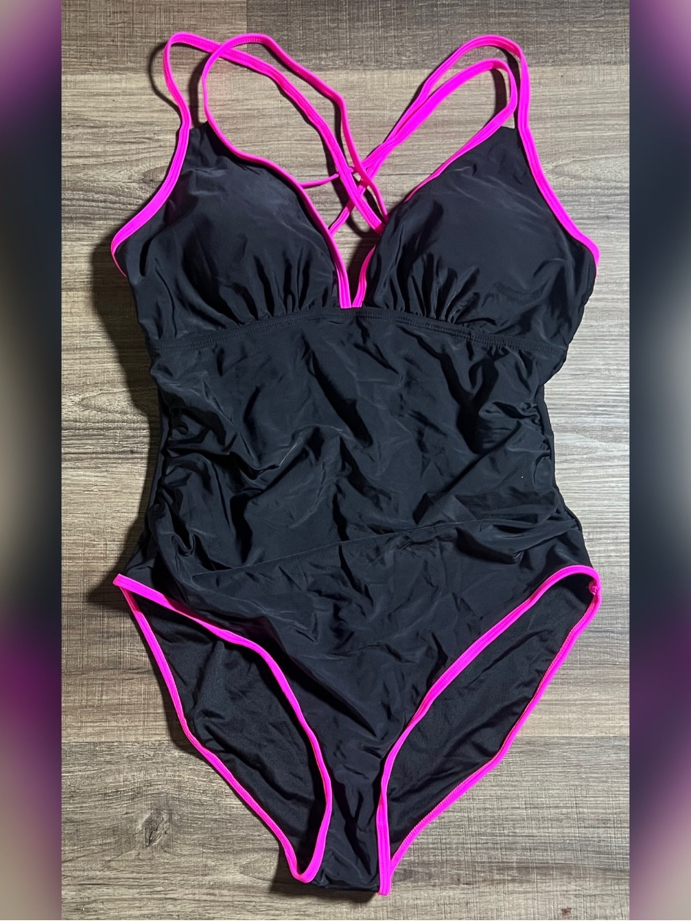 B2PRITY Black One-Piece Swimsuit with Pink Trim